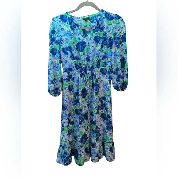 Talbots 3/4 Sleeve Floral Dress Elastic Waist Blue Green Size 2 Petite Classic - Picture 1 of 4